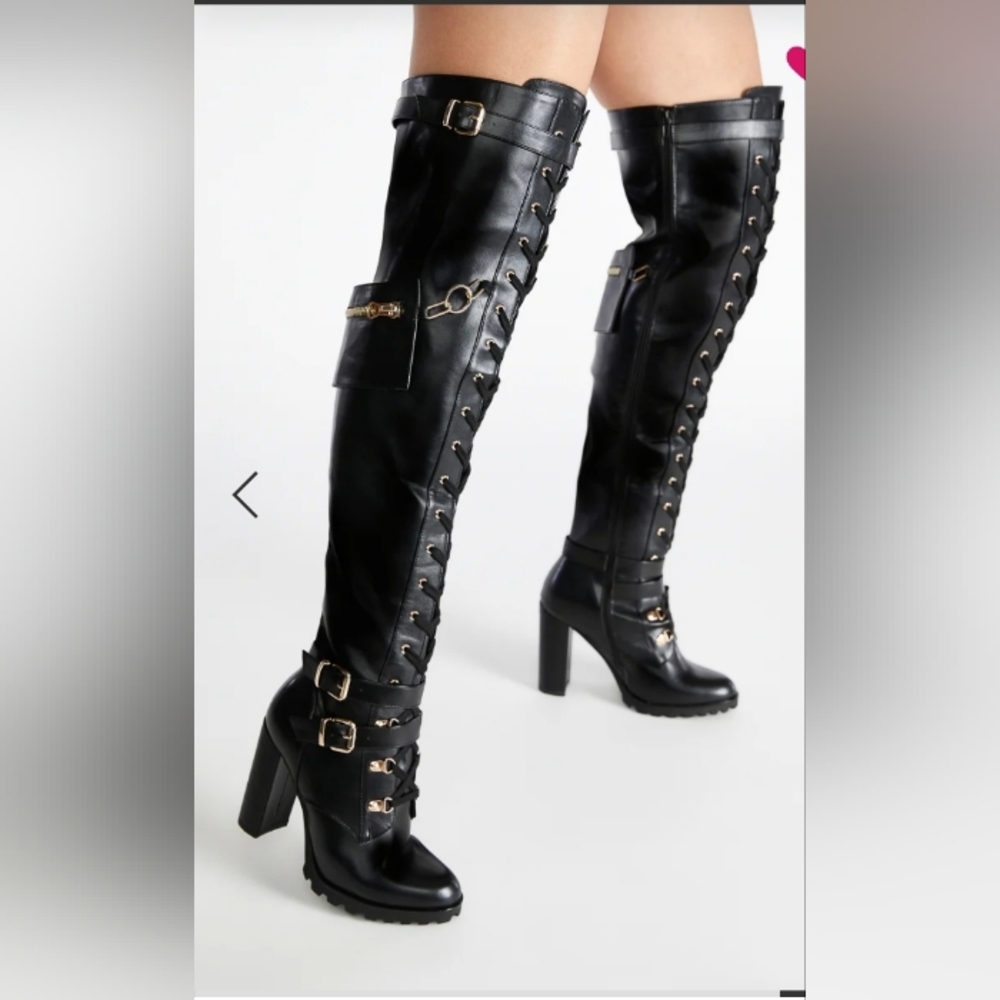 Thigh High - Black Faux - Leather Boots